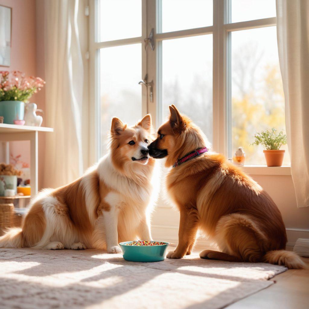 A cozy home scene featuring a variety of pets including a fluffy dog and a curious cat, surrounded by pet care essentials like grooming tools, food bowls, and playful toys. Sunlight streaming through a window casts a warm glow, highlighting a loving interaction between the pet and its owner. The background has soft pastel colors, creating a calming atmosphere. super-realistic. vibrant colors. soft focus.