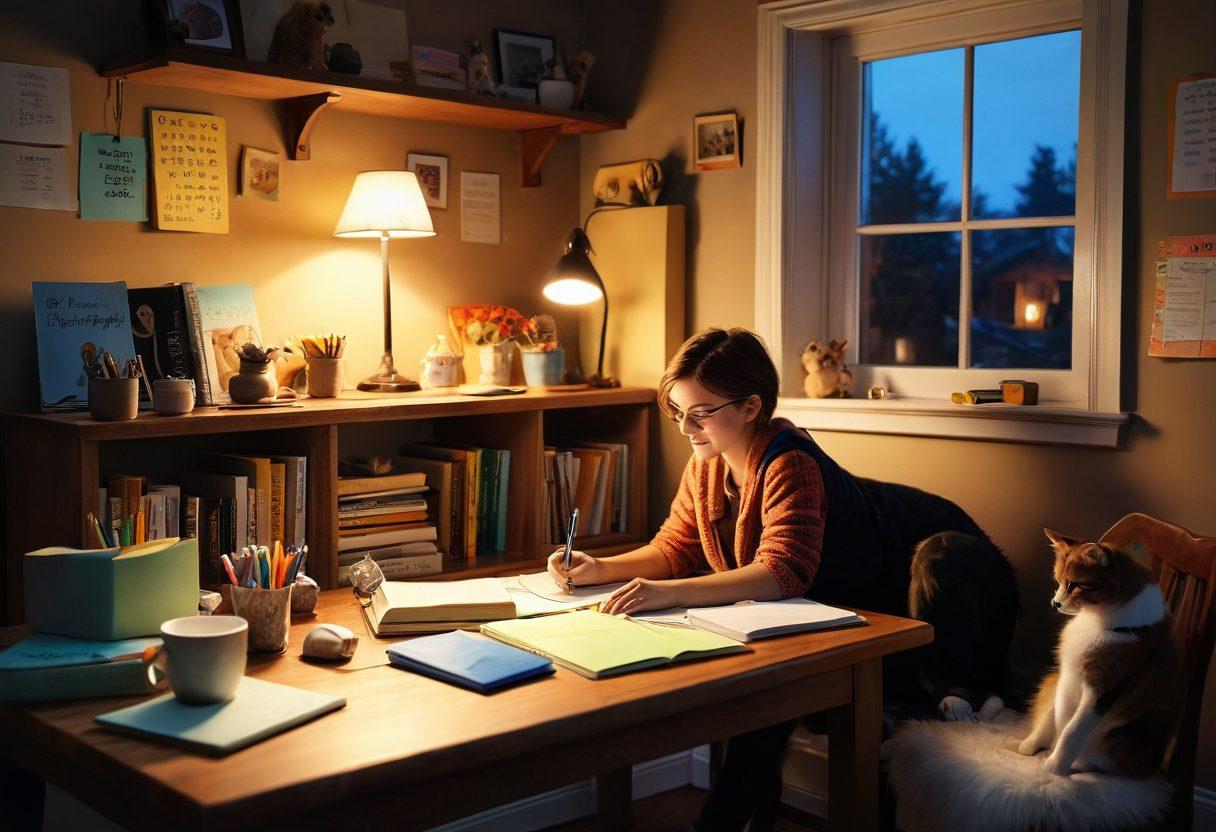 A cozy home scene featuring a person happily writing in a digital diary, surrounded by playful pets including a dog and a cat. There are colorful sticky notes and pet care books scattered around, emphasizing learning and caring for animals. Soft lighting illuminates the room, creating a warm atmosphere of connection between the owner and their pets. Artistic and inviting style with vibrant colors. super-realistic.